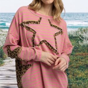 BlueVelvet Pink Striped Star Sweatshirt with Leopard Accents